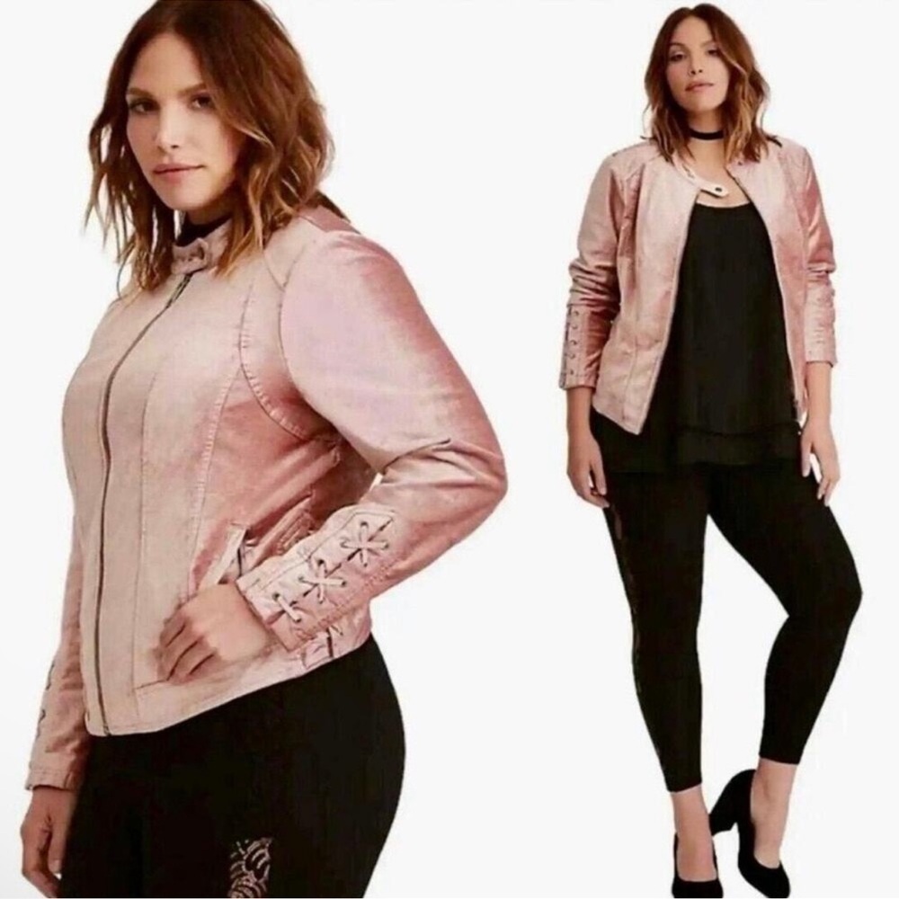 Torrid Plus Size 4X Velvet Motorcycle Jacket Dusty Pink Zip Lace Up Detail
